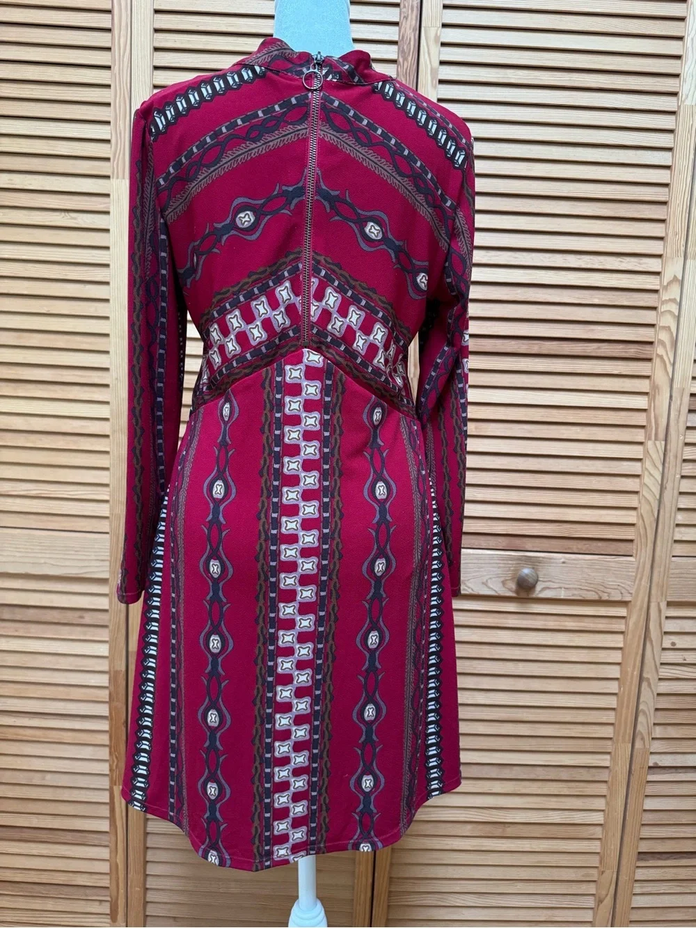 Free People Stella Long Sleeve Mini Dress Red Geo Print Retro 70s Boho M